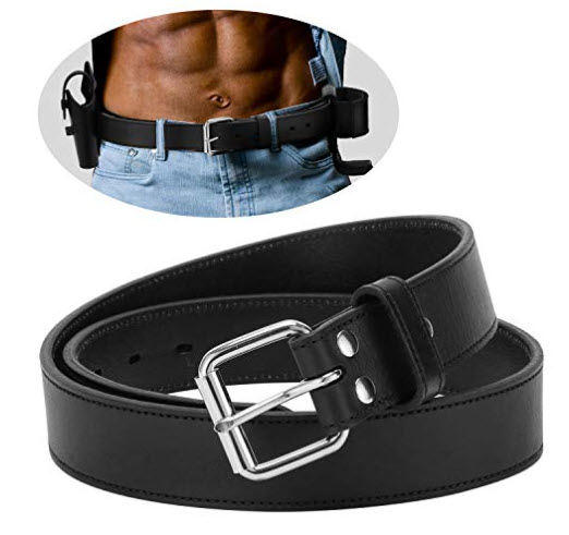 A black leather belt with a silver buckle is shown rolled up. An inset image displays a person wearing the belt with light blue jeans, showcasing a muscular abdomen.