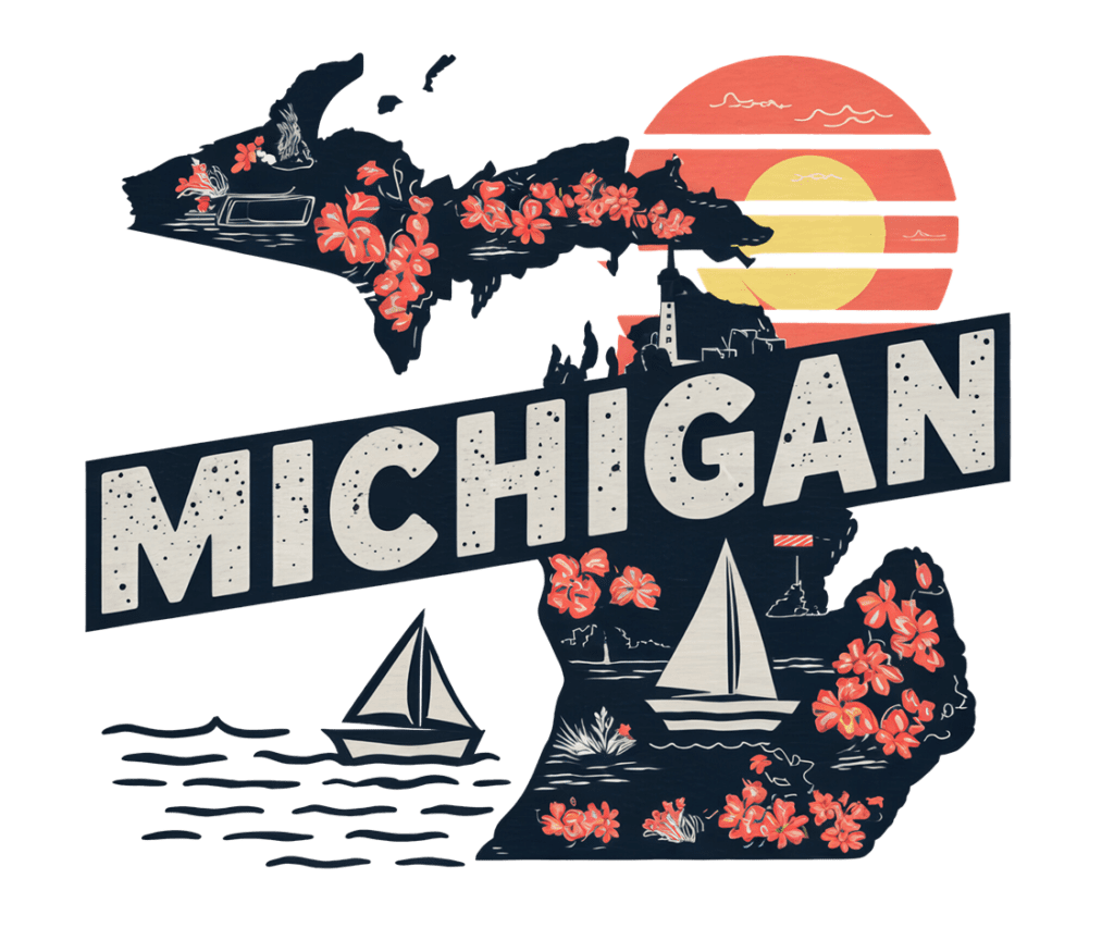 Illustrated map of Michigan with "MICHIGAN" written across. Features flowers, sailboats, and a sunset. The state's upper and lower peninsulas are depicted, embellished with nautical and floral motifs.