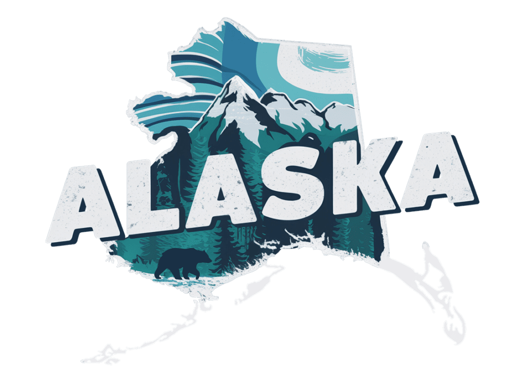 Illustration of Alaska's map featuring snowy mountains, trees, and a bear silhouette. The word "ALASKA" is prominently placed over the map in bold letters. A sun and blue stripes decorate the top.