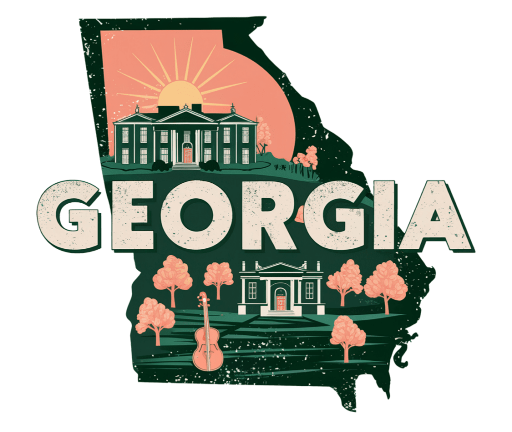 Illustration of Georgia's outline featuring historic buildings, peach trees, and a guitar. A sunset with prominent rays is in the background. The word "Georgia" is written in large letters across the image.