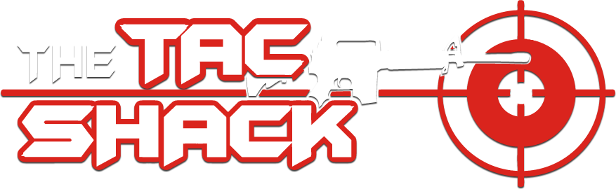 Logo for "The Tac Shack" featuring bold white and red text. A white silhouette of a rifle is overlaid on the logo with a red target symbol on the right side. The background is black.