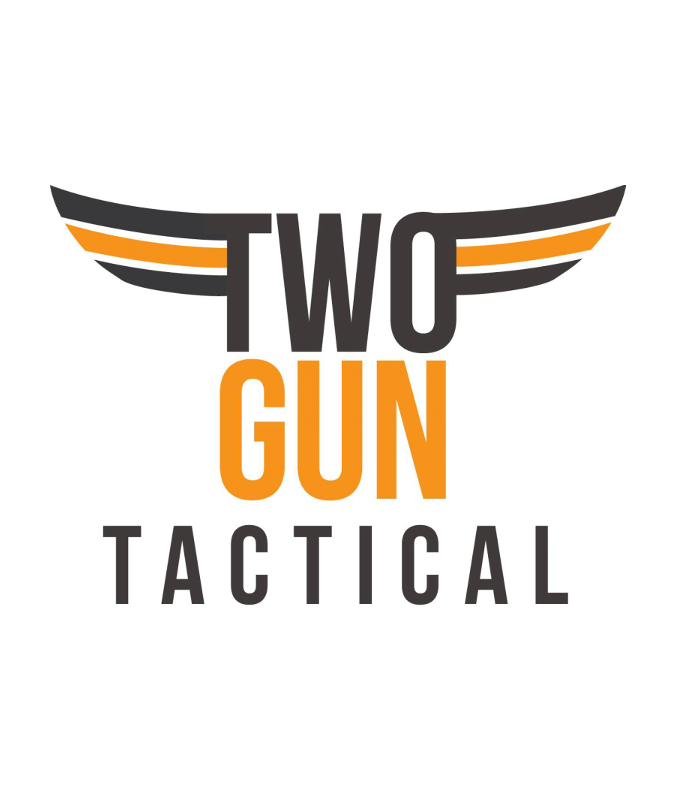 Logo for Two Gun Tactical featuring bold black and orange text with two orange lines forming stylized wings above the words.