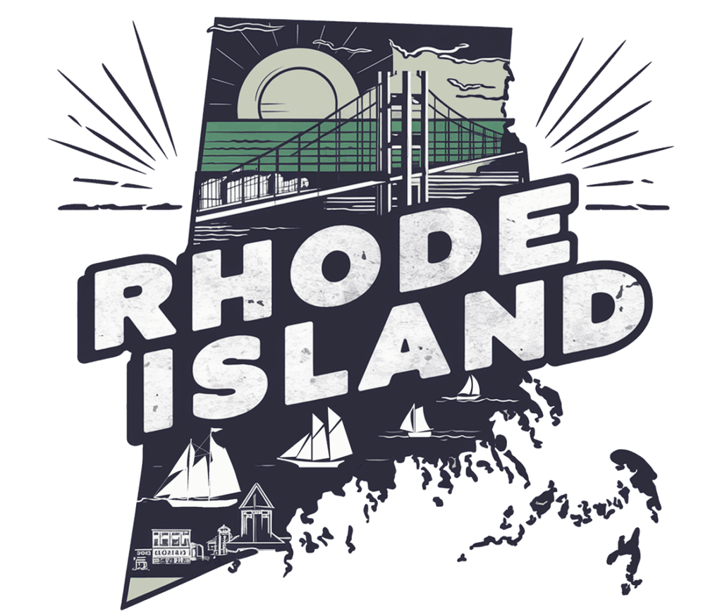 Stylized illustration of Rhode Island with bold text, a bridge under the sun, sailboats on water, and buildings, all outlined within the shape of the state.