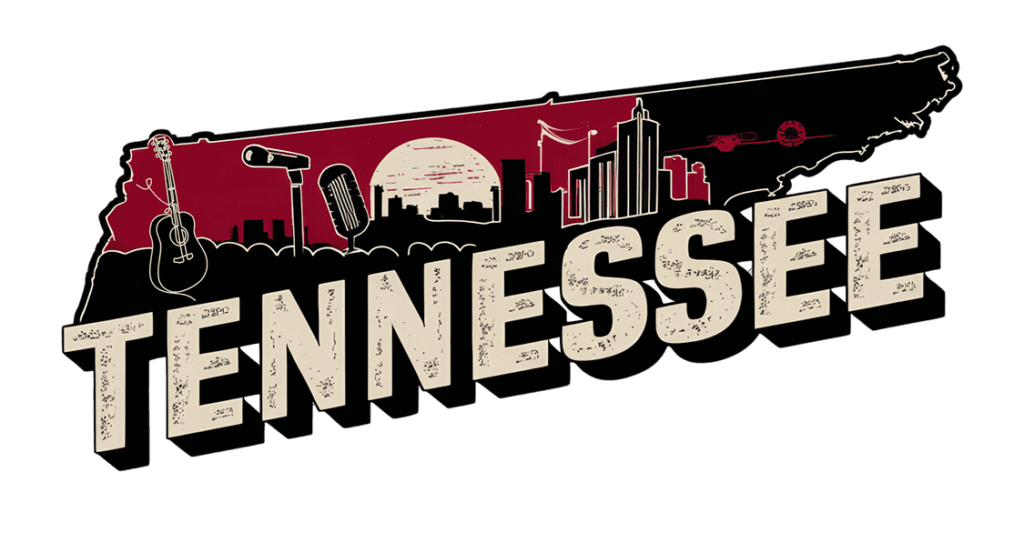 Illustration of the word "TENNESSEE" with a map outline of the state, musical instruments, microphones, a city skyline, the sun, and a Ferris wheel above the letters.