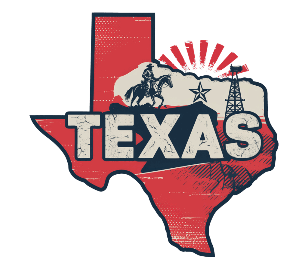 Illustration of Texas shaped like the state, featuring a cowboy on horseback, an oil rig, a star, and rays of sunlight. The word "TEXAS" is prominently displayed across the image in bold letters.