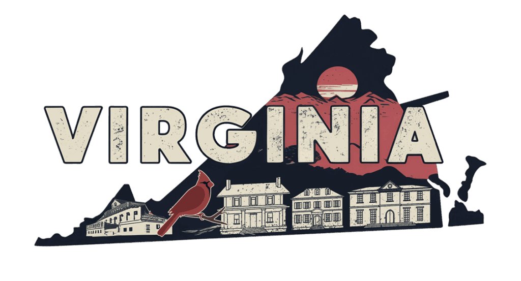 An illustration of Virginia’s state outline with “VIRGINIA” in large letters, a red sun over mountains, historic buildings, and a red cardinal perched on a branch in the foreground.