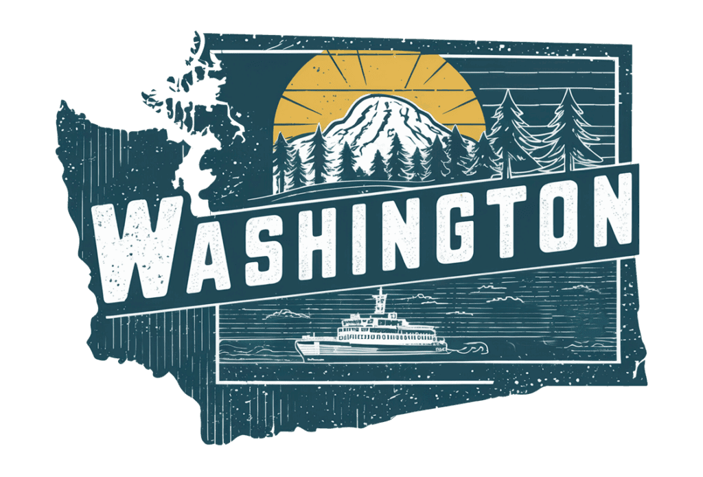 Illustration of Washington state’s outline with a mountain, trees, sun, and a ferry on water. The word “WASHINGTON” is displayed prominently across the image in bold, white letters.