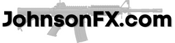 The text "JohnsonFX.com" in bold black letters is displayed over a faint, gray silhouette of a rifle in the background.