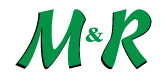 The image shows the letters "M & R" in bold, green, playful font with a white and black outline.