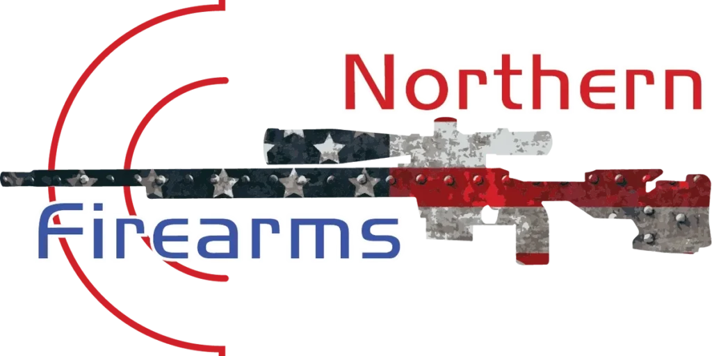 Logo for "Northern Firearms" featuring a stylized gun with an American flag texture, red stripes, and bold red and blue text with partial outlines and metallic rivet details.