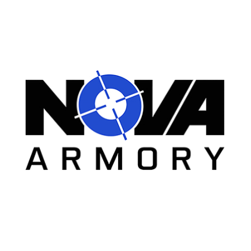 Logo for Nova Armory featuring the word "NOVA" in black bold letters, with the "O" stylized as a blue target scope, above the word "ARMORY" in black uppercase letters on a white background.