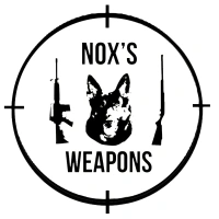 Black and white logo with the text "Nox's Weapons" inside a crosshair, featuring a dog’s head between illustrations of two rifles.