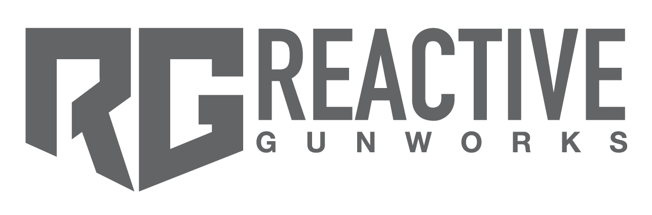 Logo for Reactive Gunworks, featuring large stylized initials "RG" on the left and the words "REACTIVE GUNWORKS" in bold, uppercase letters to the right, all in gray.