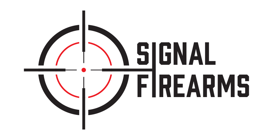 Logo for "Signal Firearms" featuring a black and red crosshair target icon to the left, with the words "SIGNAL FIREARMS" in bold, black uppercase letters stacked vertically on the right.