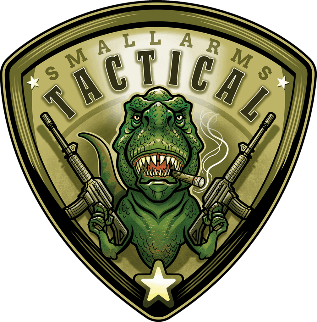 A cartoon T-Rex with a cigar, holding two rifles, is featured on a badge labeled "Small Arms Tactical" with stars and a gold border.