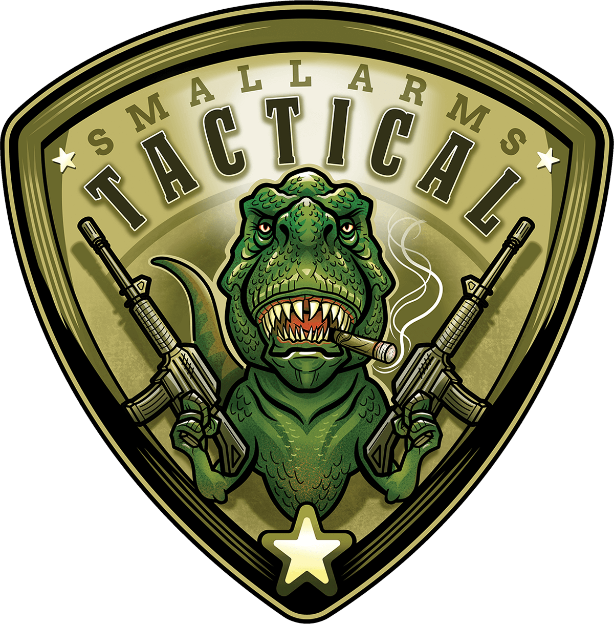 A cartoon T-Rex with a cigar, holding two rifles, is featured on a badge labeled "Small Arms Tactical" with stars and a gold border.