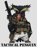 A cartoon penguin dressed in tactical military gear, holding a rifle and wearing a vest with pouches, is shown above the caption "TACTICAL PENGUIN.