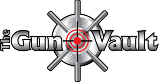Logo for "The Gun Vault" with the words in silver. A large vault door and red target symbol are behind the text, with the vault’s metal spokes extending outward. Black background.
