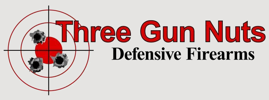 Logo for "Three Gun Nuts Defensive Firearms" featuring three bullet holes clustered in the red bullseye of a target, with bold red and black text beside the image.