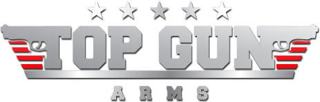 Logo for "Top Gun Arms" featuring silver text with two pistols facing outward, red stripes, five white stars above, and "ARMS" in smaller letters below, all on a black background.
