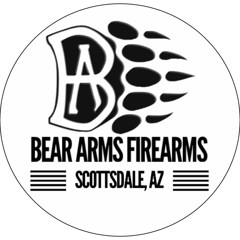 A black and white logo with a stylized "BA" next to bear claw marks, above the text "Bear Arms Firearms" and "Scottsdale, AZ" on a white circular background.