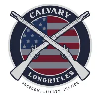 A circular logo with crossed rifles over a U.S. flag background. The words "Calvary Longrifles" are displayed, with "Freedom, Liberty, Justice" written below.