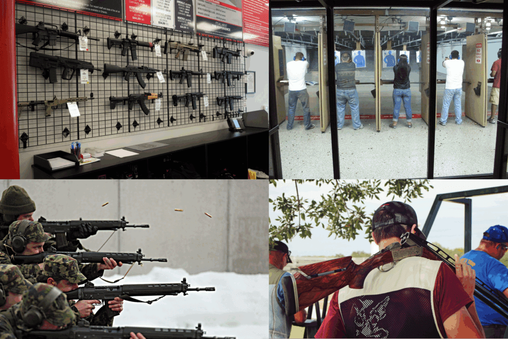 A collage shows guns displayed on a wall, people shooting at an indoor range, uniformed soldiers aiming rifles outdoors, and men with shotguns at an outdoor shooting range.