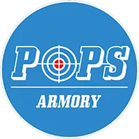 Blue circular logo with white text that reads "POPS" above "ARMORY"; the "O" in "POPS" is depicted as a target with red and white rings and a crosshair in the center.