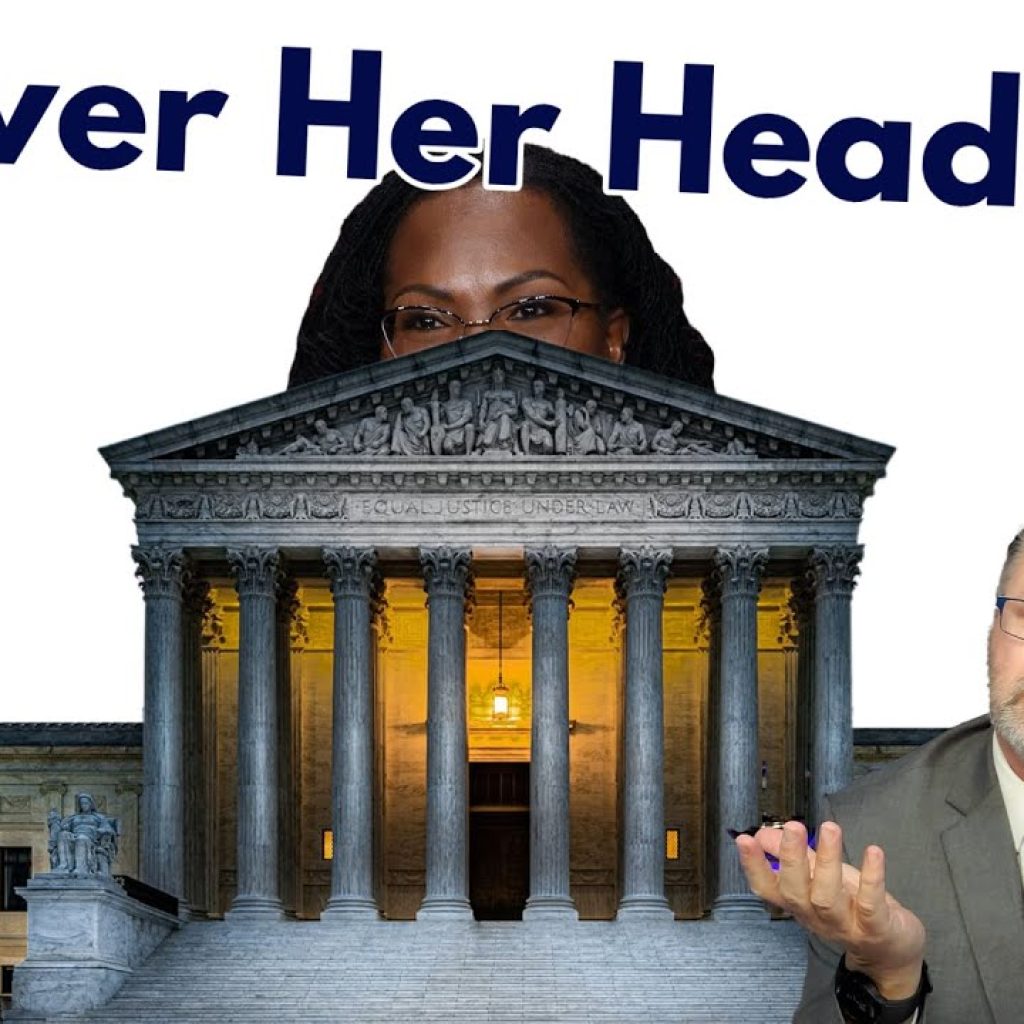 A man in a suit shrugs in front of the U.S. Supreme Court building. Above the building is the partial face of a woman and the text “In Over Her Head?” at the top. The initials "WK" appear in the lower left corner.
