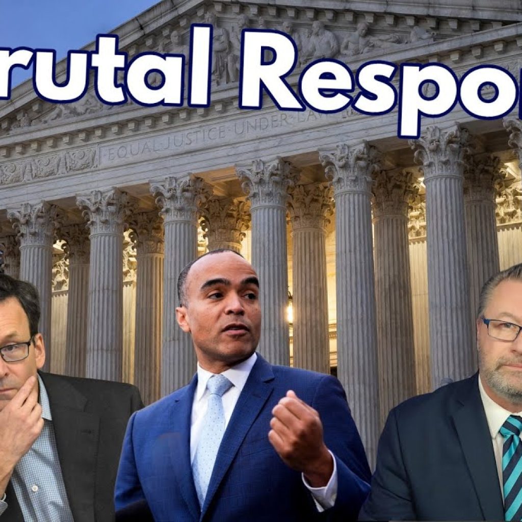 Three men in suits stand in front of the U.S. Supreme Court building. The text "A Brutal Response" is at the top. One man holds a document labeled "Sanction?" and another has his hand on his chin.